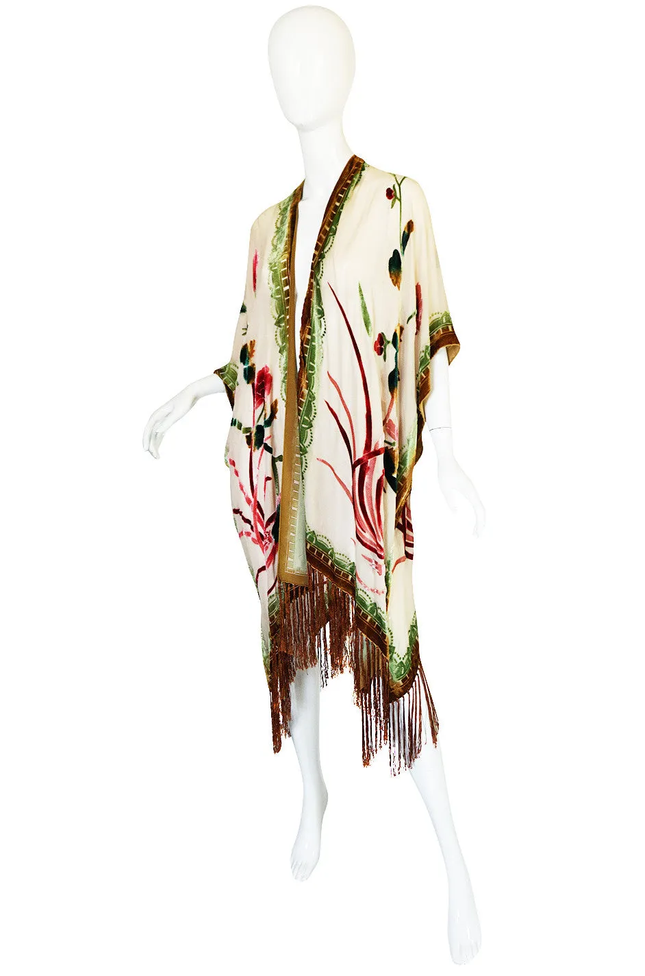 1970s Fused Velvet Chiffon Fringe Shawl Poncho