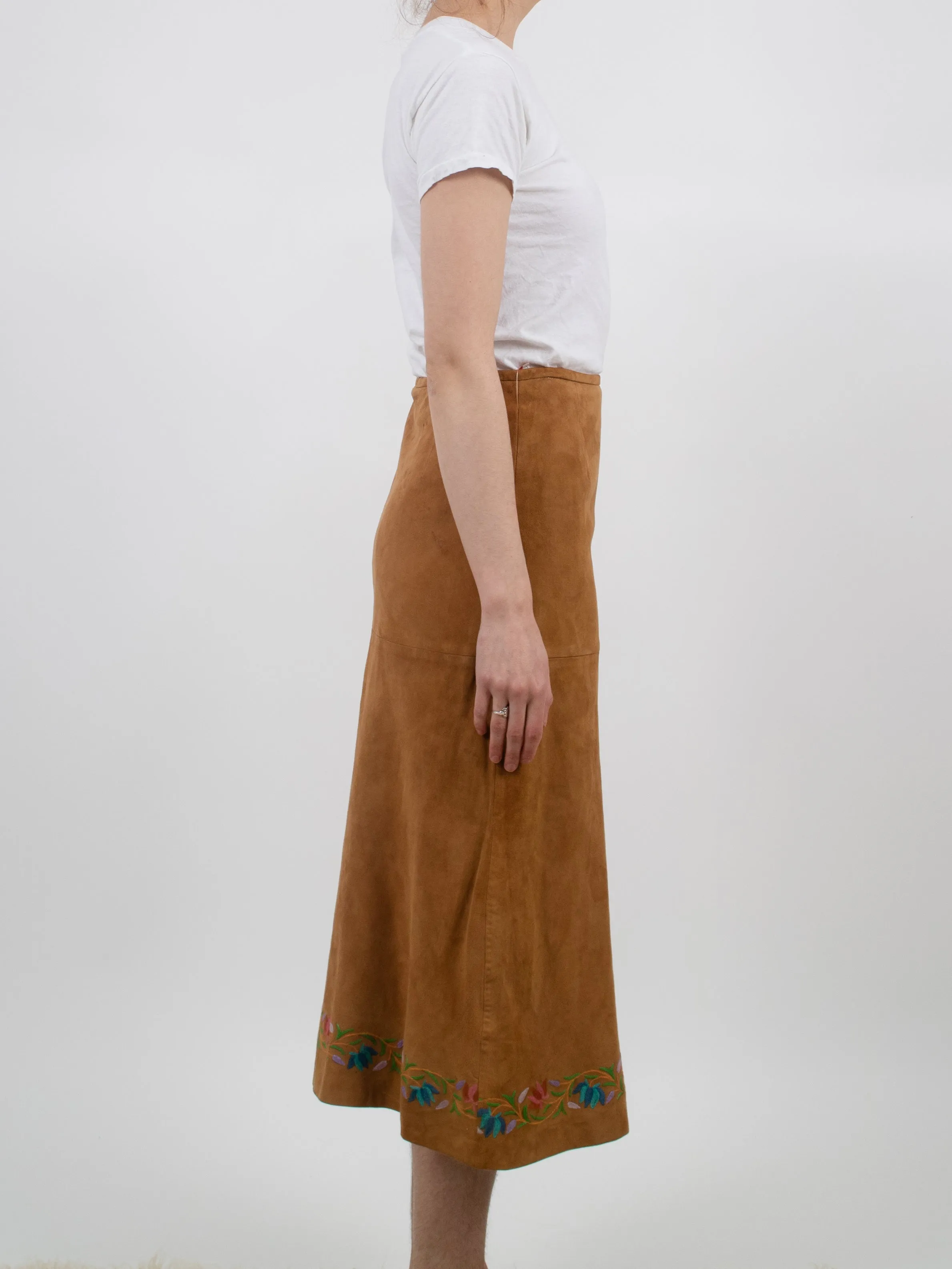1970s Suede Embroidered Midi Skirt