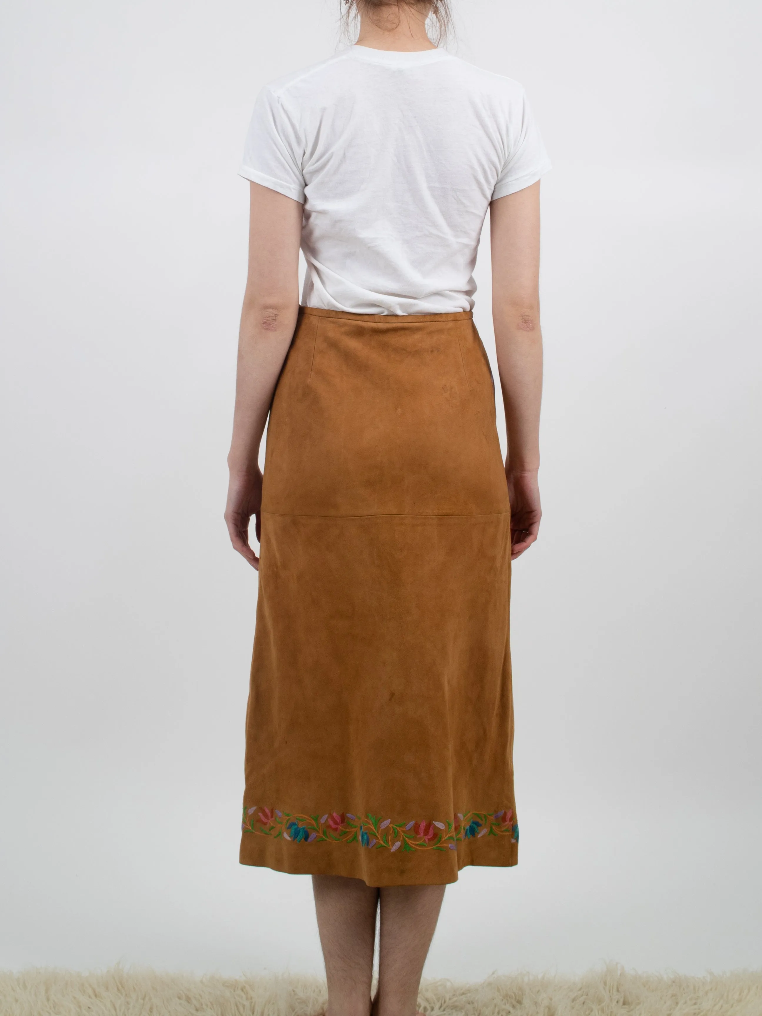 1970s Suede Embroidered Midi Skirt