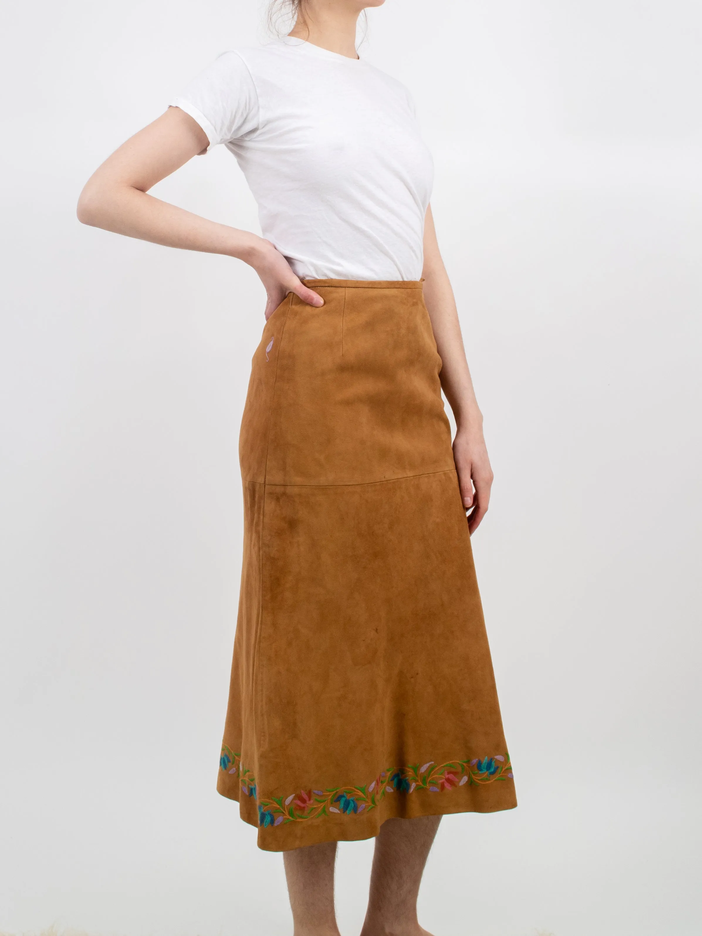 1970s Suede Embroidered Midi Skirt