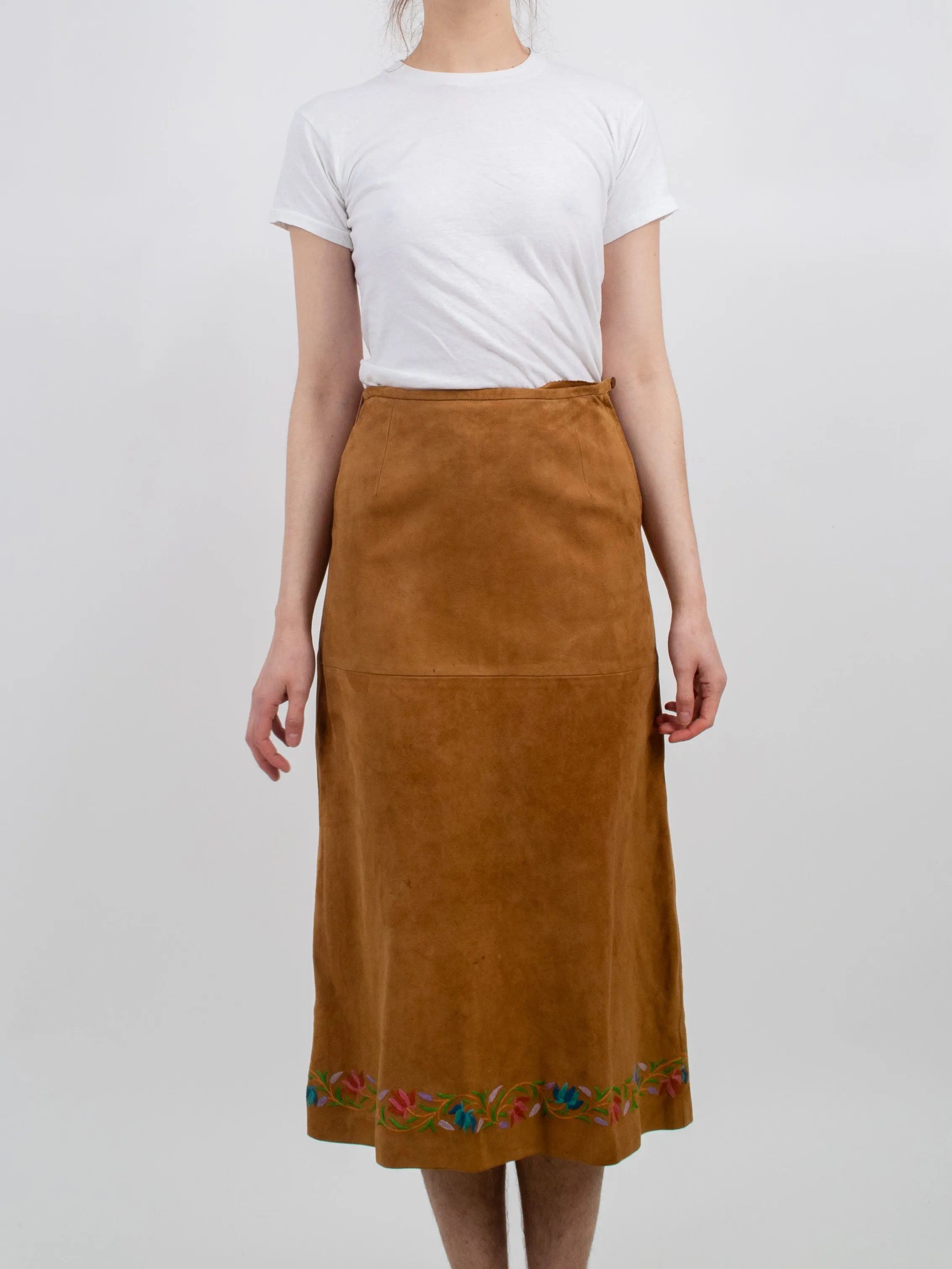 1970s Suede Embroidered Midi Skirt