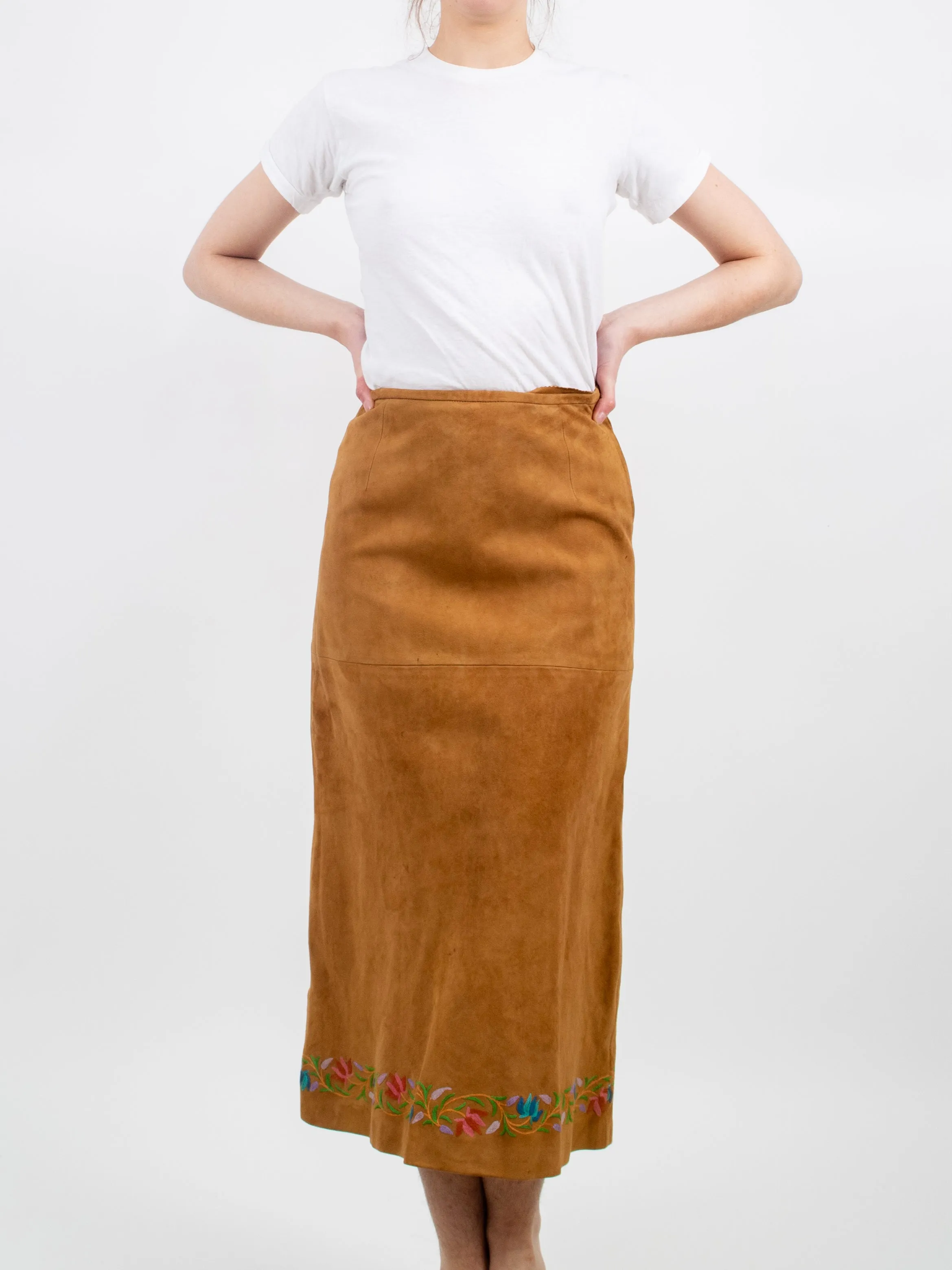 1970s Suede Embroidered Midi Skirt
