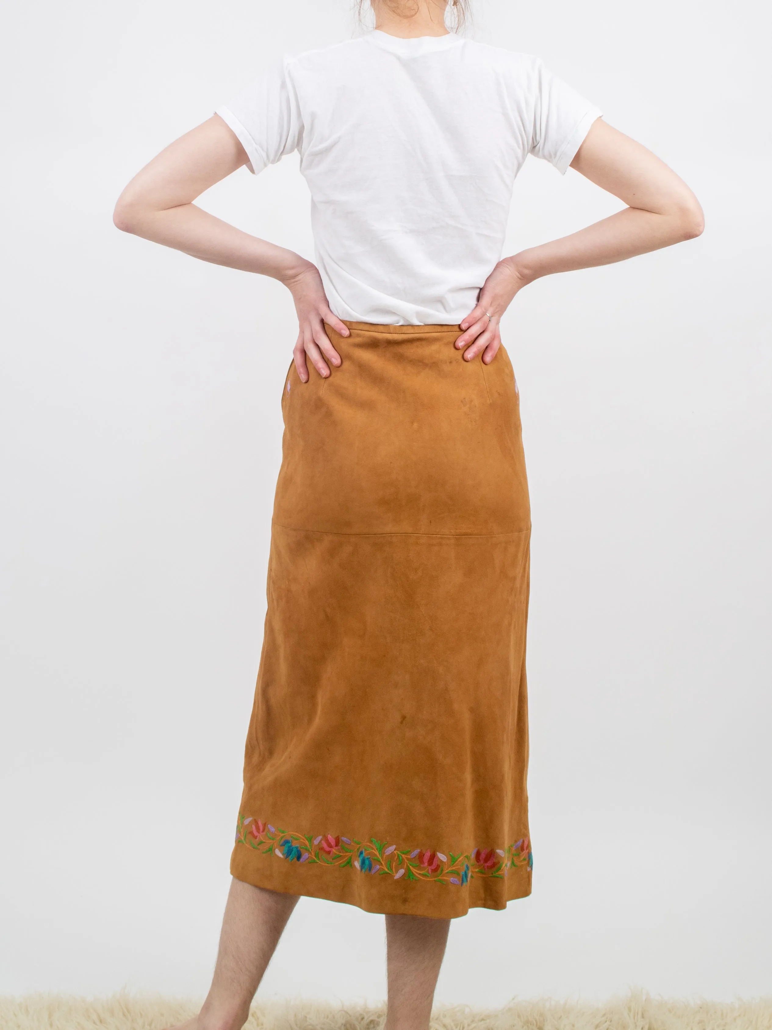 1970s Suede Embroidered Midi Skirt