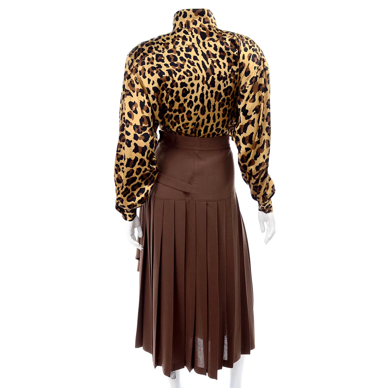 1980s Escada Silk Animal Print Blouse & Brown Wrap Skirt w/ Attached Belt