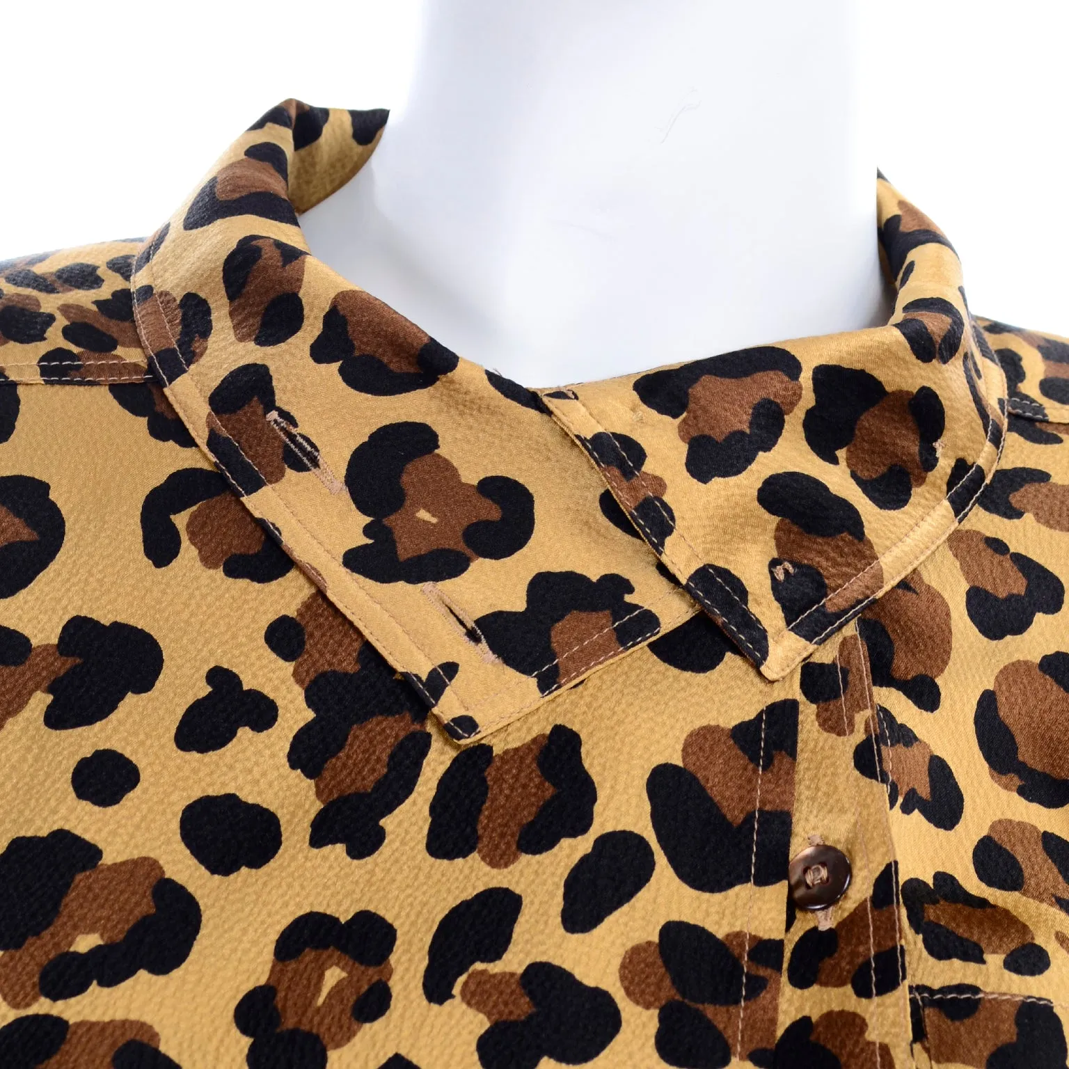 1980s Escada Silk Animal Print Blouse & Brown Wrap Skirt w/ Attached Belt