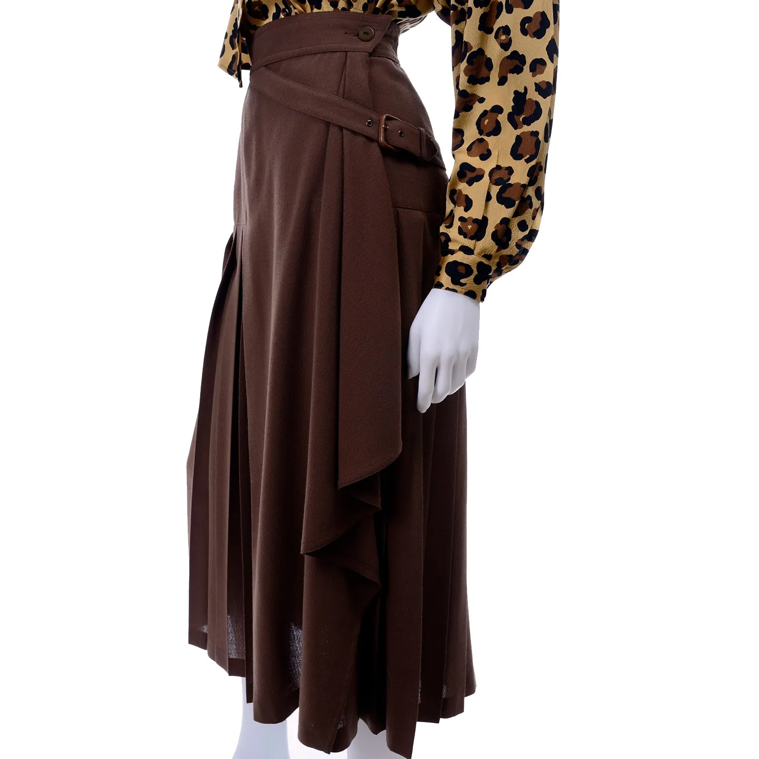 1980s Escada Silk Animal Print Blouse & Brown Wrap Skirt w/ Attached Belt