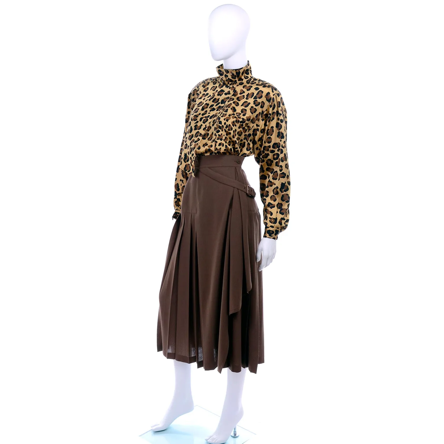 1980s Escada Silk Animal Print Blouse & Brown Wrap Skirt w/ Attached Belt