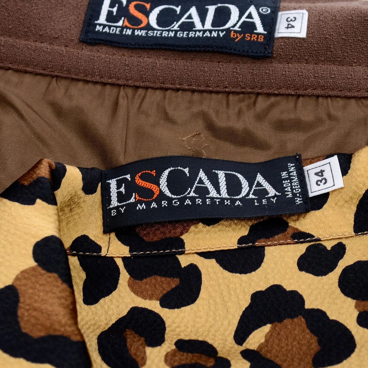 1980s Escada Silk Animal Print Blouse & Brown Wrap Skirt w/ Attached Belt