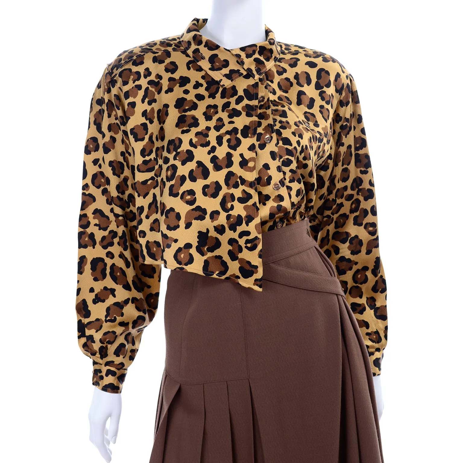1980s Escada Silk Animal Print Blouse & Brown Wrap Skirt w/ Attached Belt