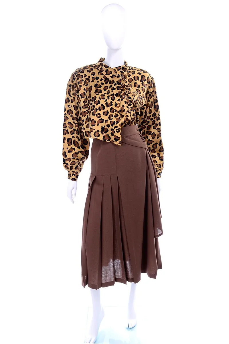 1980s Escada Silk Animal Print Blouse & Brown Wrap Skirt w/ Attached Belt