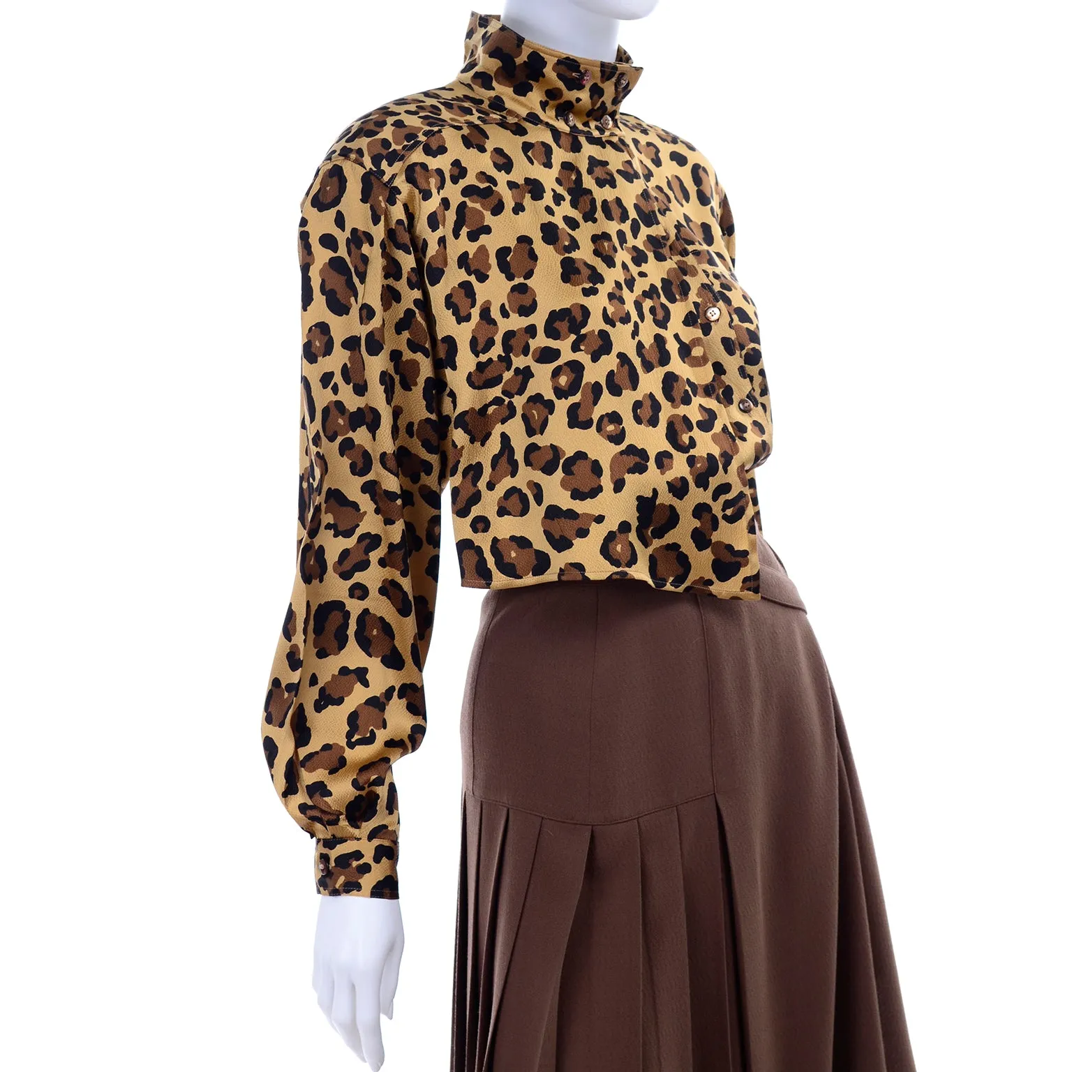 1980s Escada Silk Animal Print Blouse & Brown Wrap Skirt w/ Attached Belt