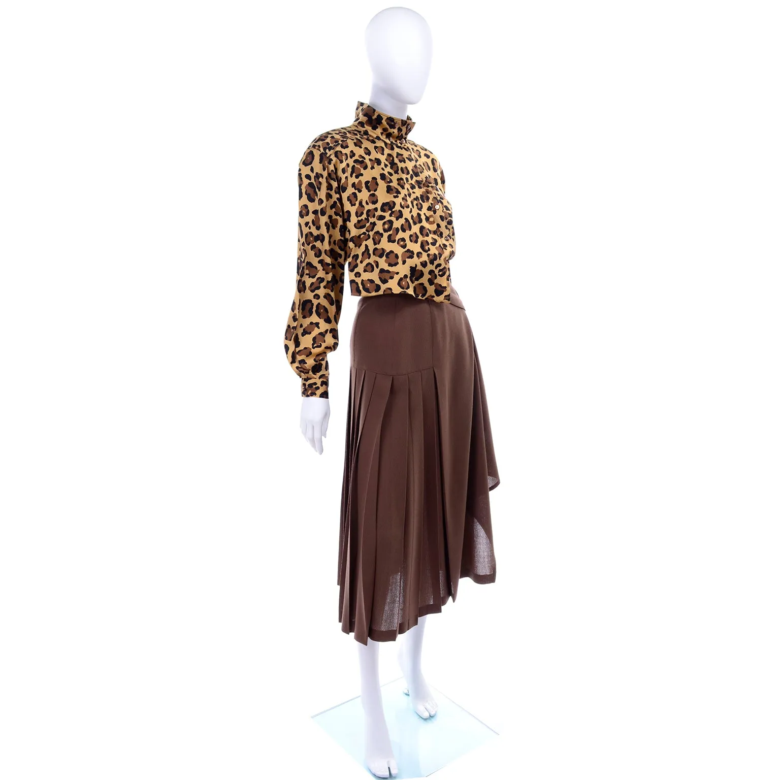 1980s Escada Silk Animal Print Blouse & Brown Wrap Skirt w/ Attached Belt