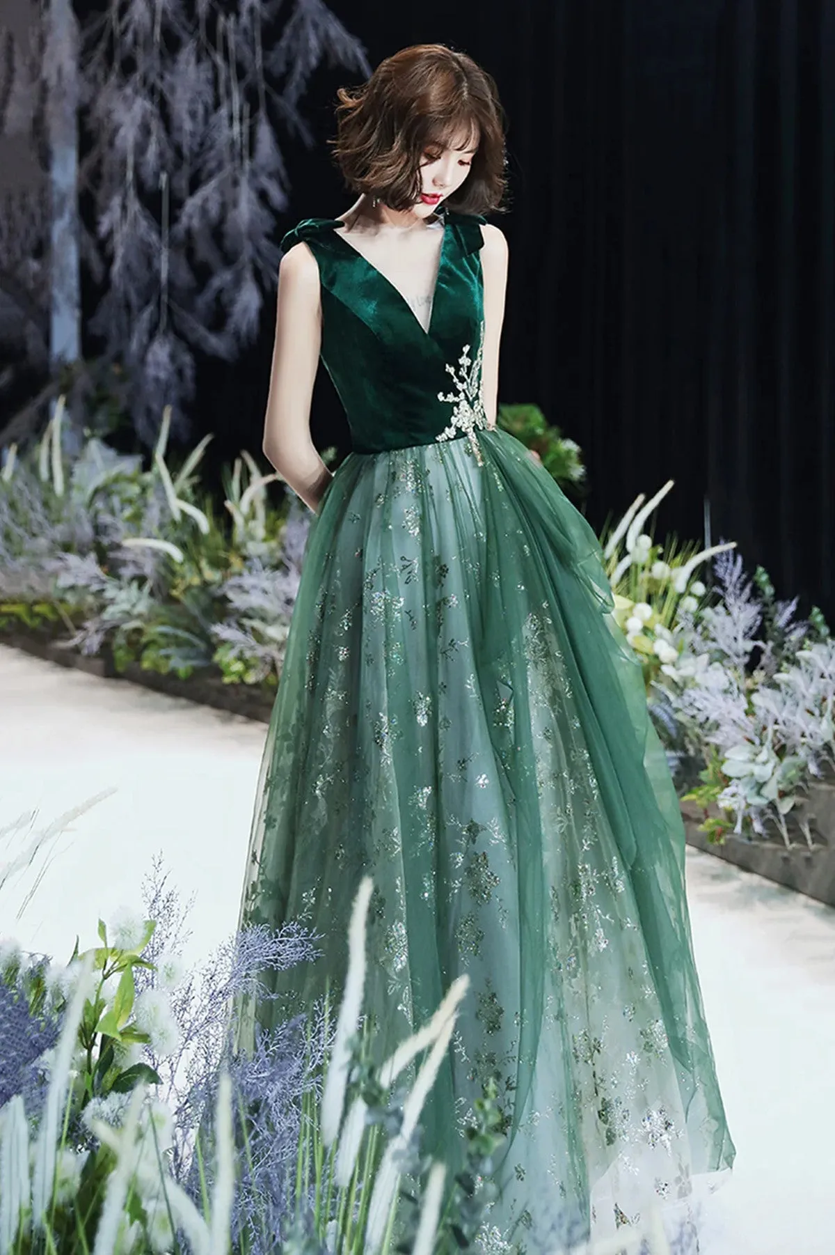 A-line Green Tulle and Velvet Long Formal Dress, Green Tulle Party Dress Prom Dress