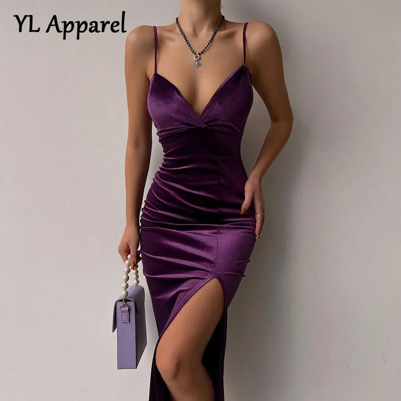 Amozae-Graduation Gift Big Sale  Velvet Solid Purple Spaghetti Strap Backless Split Tight Party Dresses 2024 Women V-neck Sleeveless Streetwear Back Zipper Dress