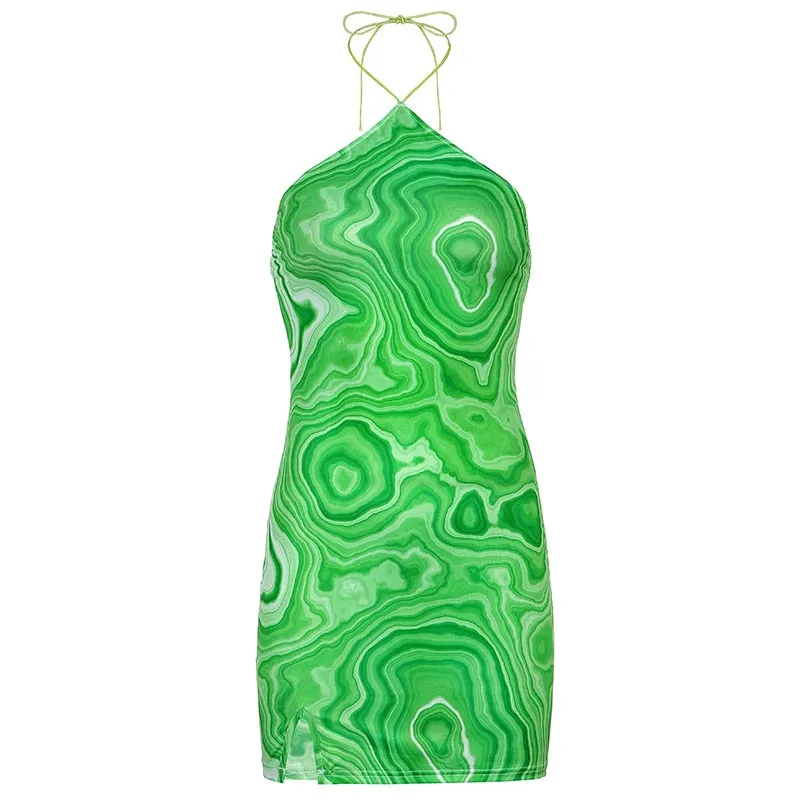Amozae---hoco dresses  Wave Print   Backless Halter Dress Women Party Summer Sleeveless Short Dress Elegant 90S Fashion Streetwear