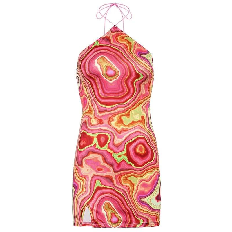 Amozae---hoco dresses  Wave Print   Backless Halter Dress Women Party Summer Sleeveless Short Dress Elegant 90S Fashion Streetwear