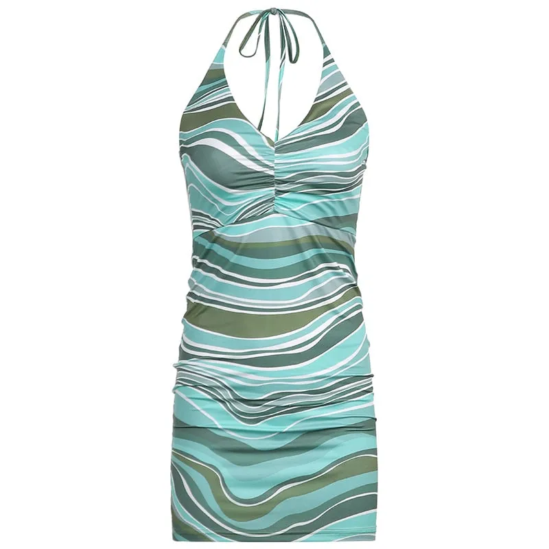 Amozae---hoco dresses  Wave Print   Backless Halter Dress Women Party Summer Sleeveless Short Dress Elegant 90S Fashion Streetwear