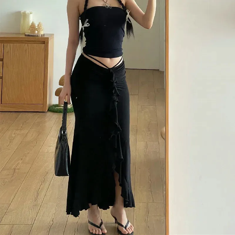Amozae-Summer Women's Skirt Lace-up Folds Black Streetwear Casual Fashion Slim High Wais Straight Skirt Party Sexy Ankle-Length Skirts