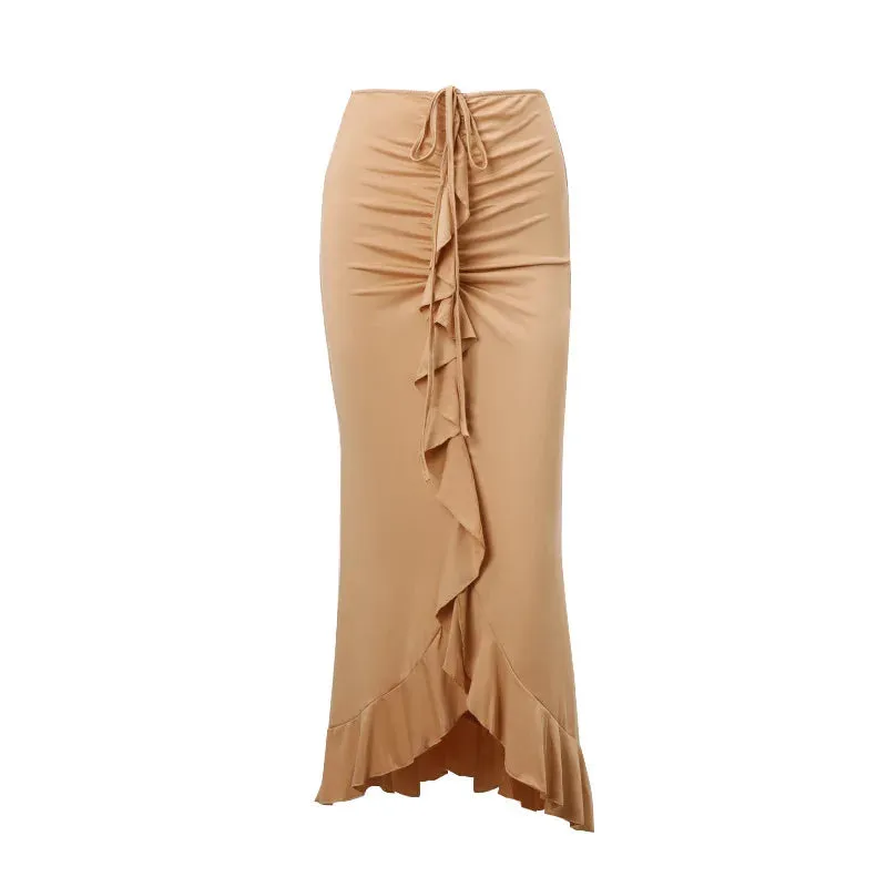 Amozae-Summer Women's Skirt Lace-up Folds Black Streetwear Casual Fashion Slim High Wais Straight Skirt Party Sexy Ankle-Length Skirts