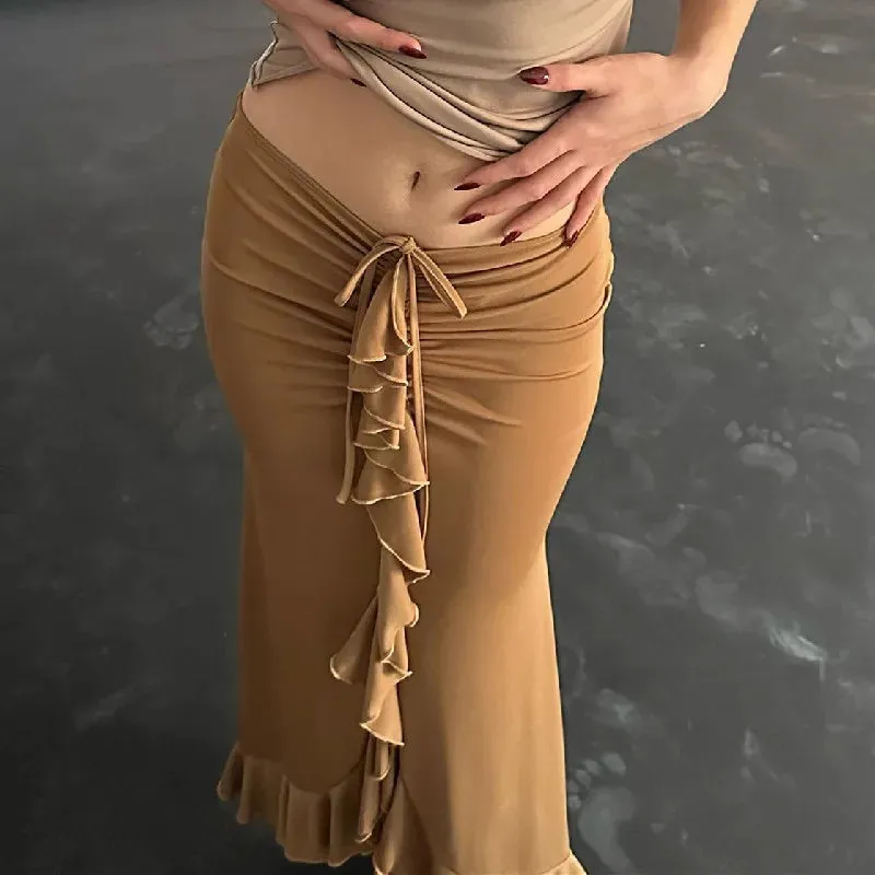 Amozae-Summer Women's Skirt Lace-up Folds Black Streetwear Casual Fashion Slim High Wais Straight Skirt Party Sexy Ankle-Length Skirts