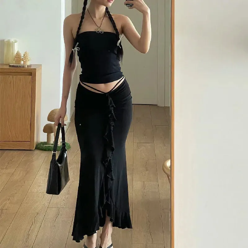 Amozae-Summer Women's Skirt Lace-up Folds Black Streetwear Casual Fashion Slim High Wais Straight Skirt Party Sexy Ankle-Length Skirts