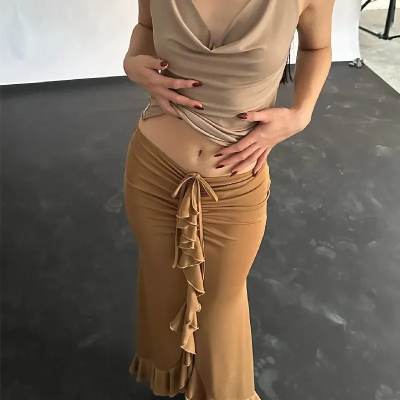 Amozae-Summer Women's Skirt Lace-up Folds Black Streetwear Casual Fashion Slim High Wais Straight Skirt Party Sexy Ankle-Length Skirts