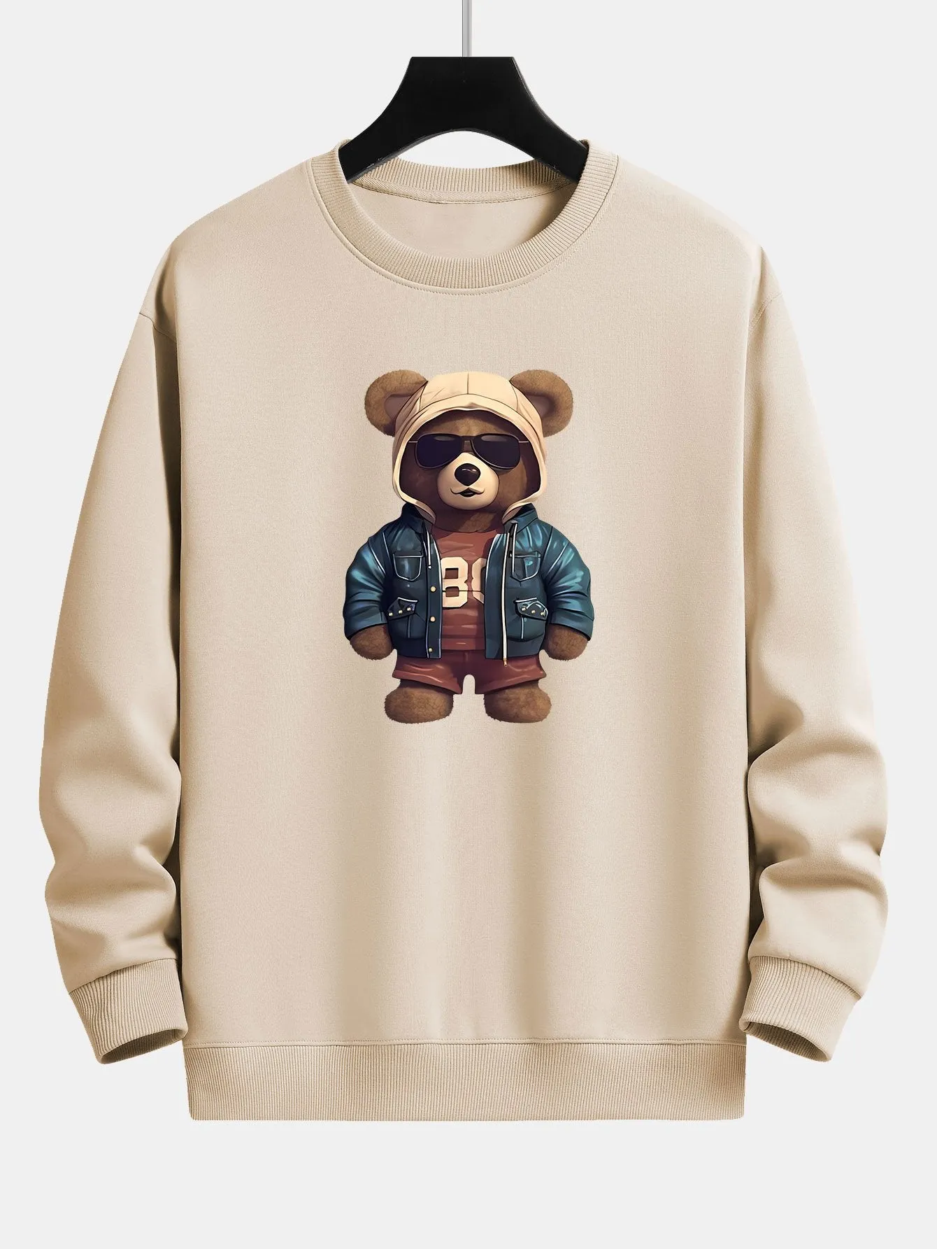 Bear In Leather Jacket Print Relax Fit Sweatshirt & Straight Leg Corduroy Pants