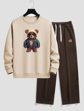 Bear In Leather Jacket Print Relax Fit Sweatshirt & Straight Leg Corduroy Pants