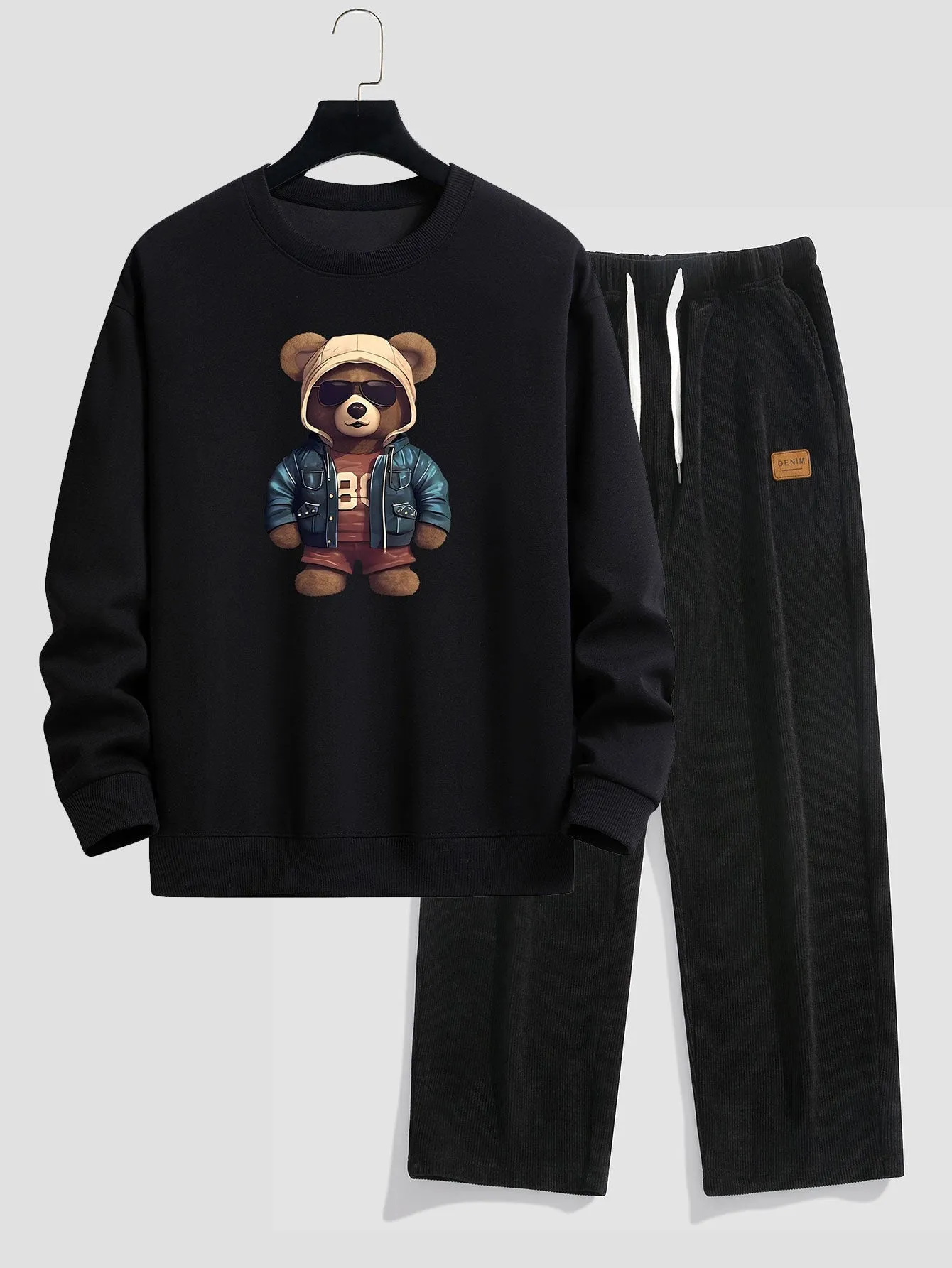 Bear In Leather Jacket Print Relax Fit Sweatshirt & Straight Leg Corduroy Pants