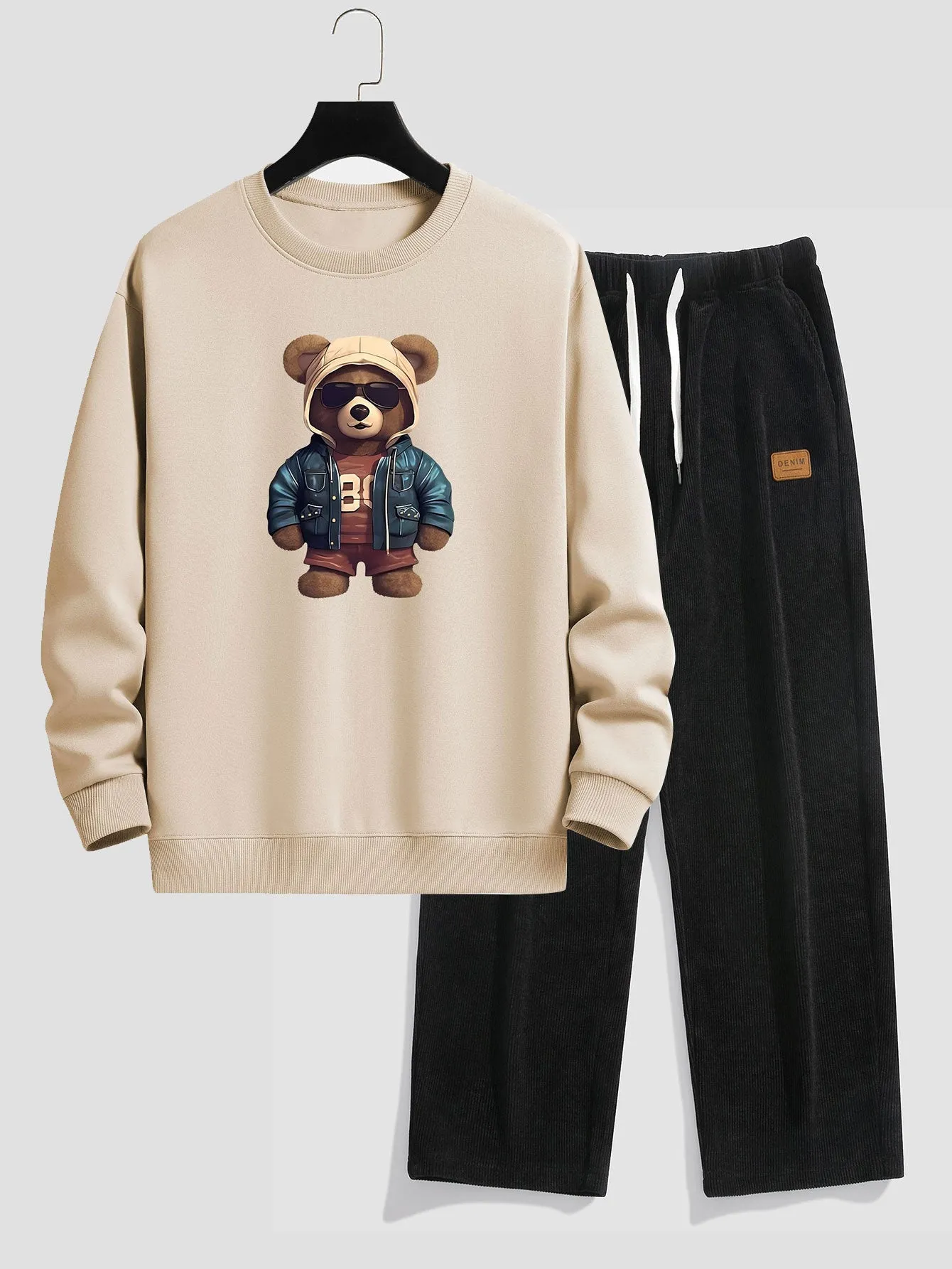 Bear In Leather Jacket Print Relax Fit Sweatshirt & Straight Leg Corduroy Pants