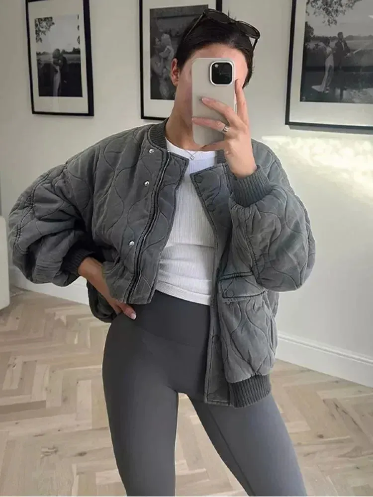 Black Friday Sonicelife Vintage Cotton Bomber Jacket Women Long Sleeve Oversized Streetwear Coat Female Zipper Autumn Winter Warm Casual Clothes