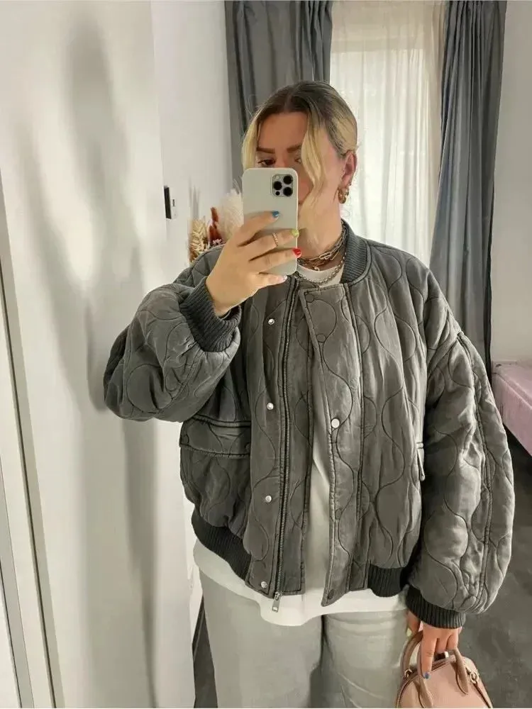 Black Friday Sonicelife Vintage Cotton Bomber Jacket Women Long Sleeve Oversized Streetwear Coat Female Zipper Autumn Winter Warm Casual Clothes