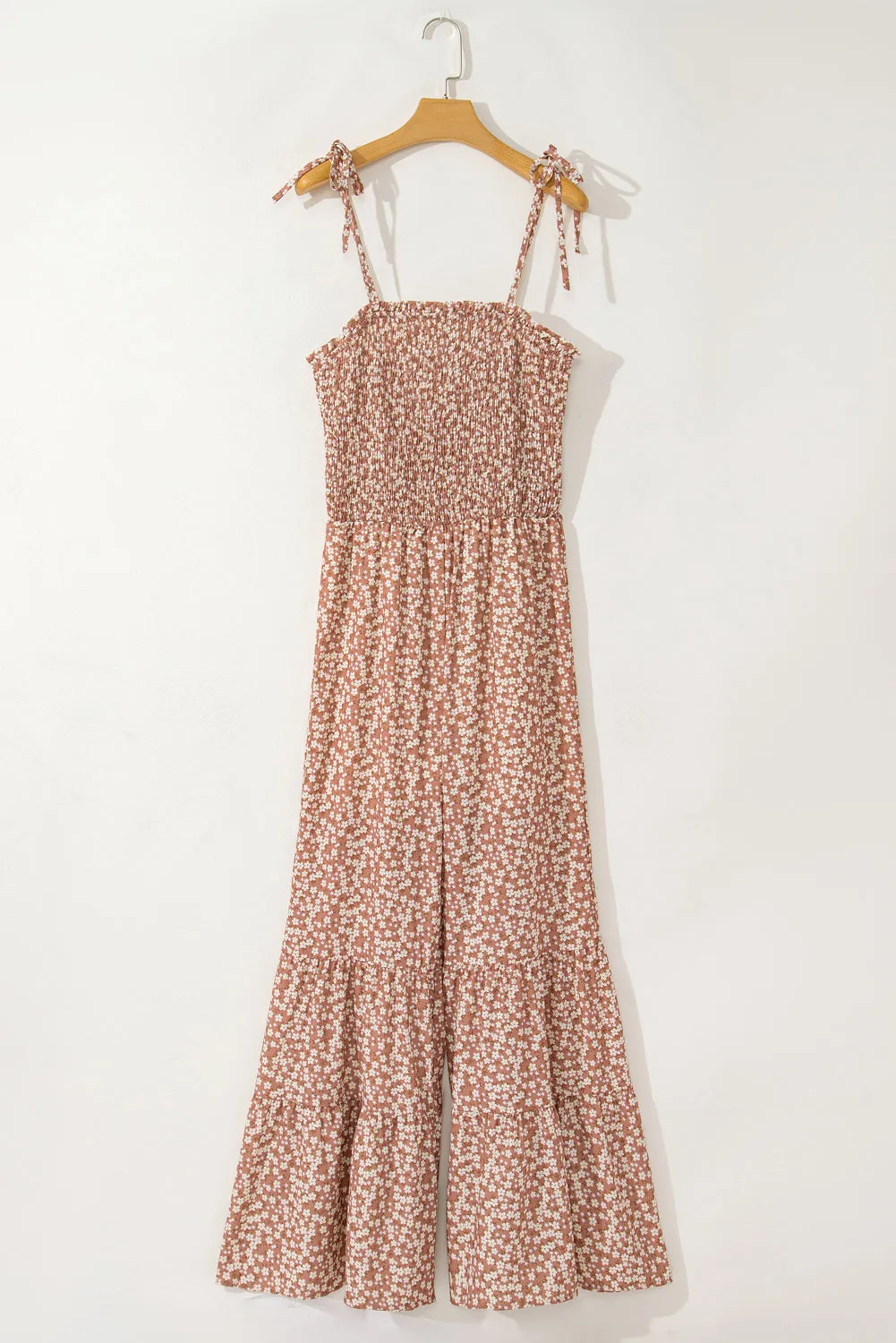 Black Khaki Thin Straps Smocked Bodice Wide Leg Floral Jumpsuit