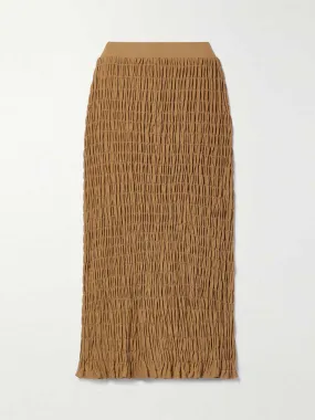 Brown shirred stretch-jersey midi skirt