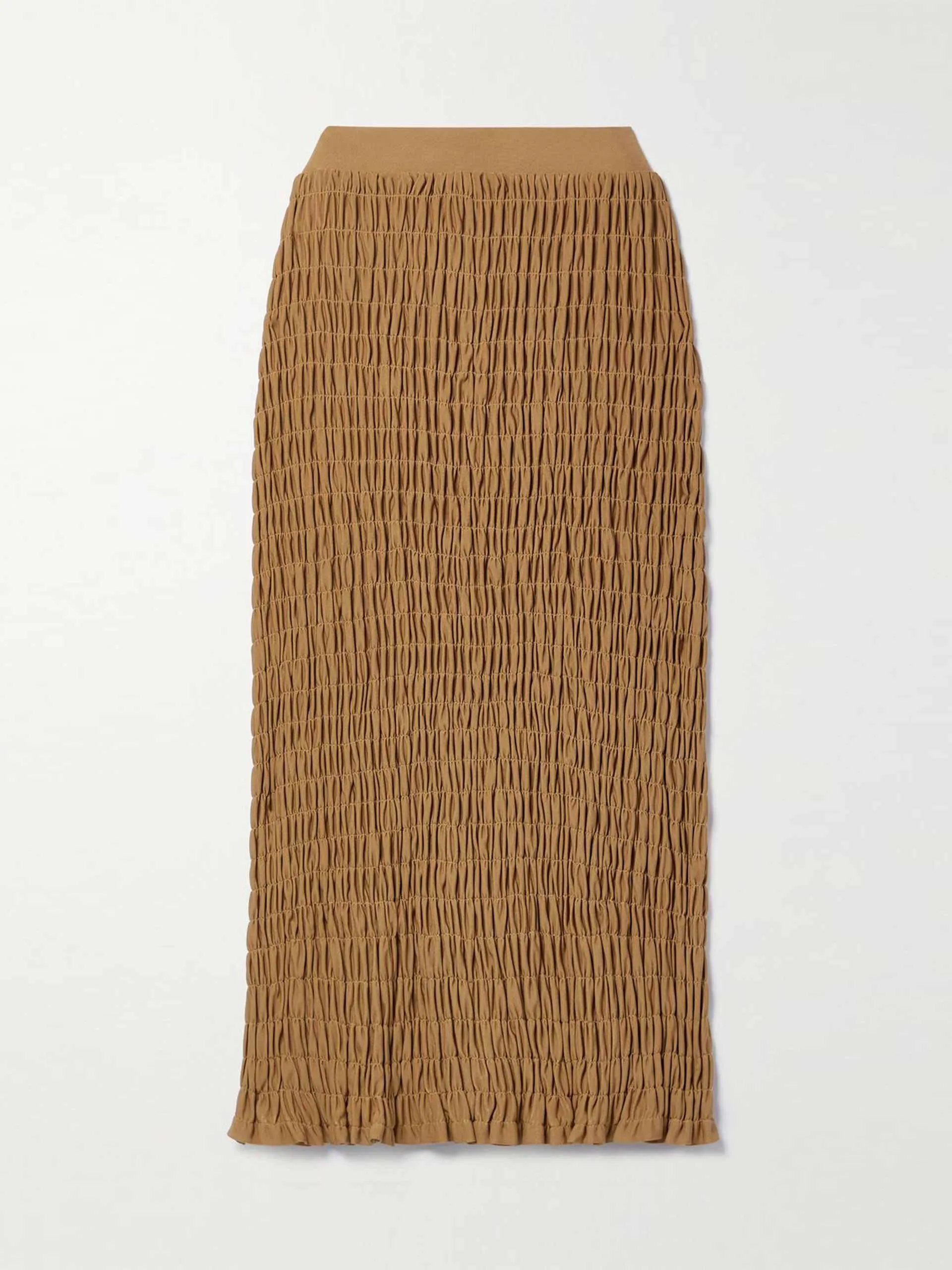 Brown shirred stretch-jersey midi skirt