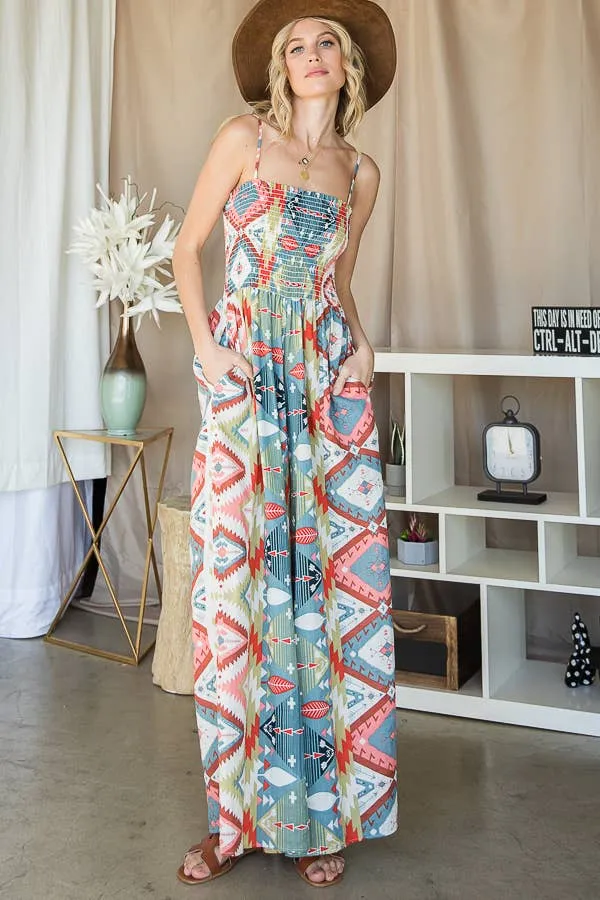 Bucketlist Smocked Aztec Print Jumpsuit