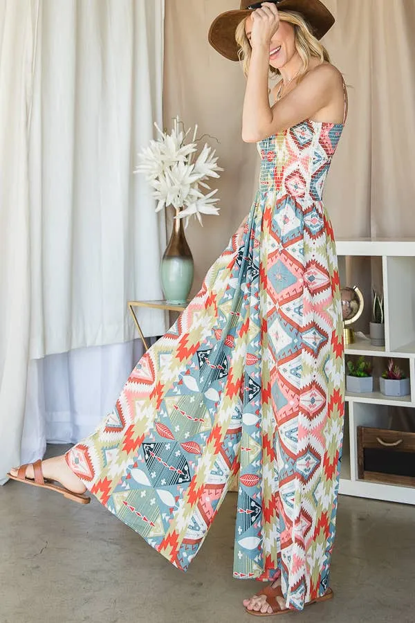 Bucketlist Smocked Aztec Print Jumpsuit
