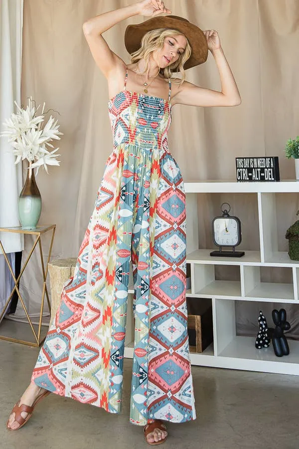 Bucketlist Smocked Aztec Print Jumpsuit