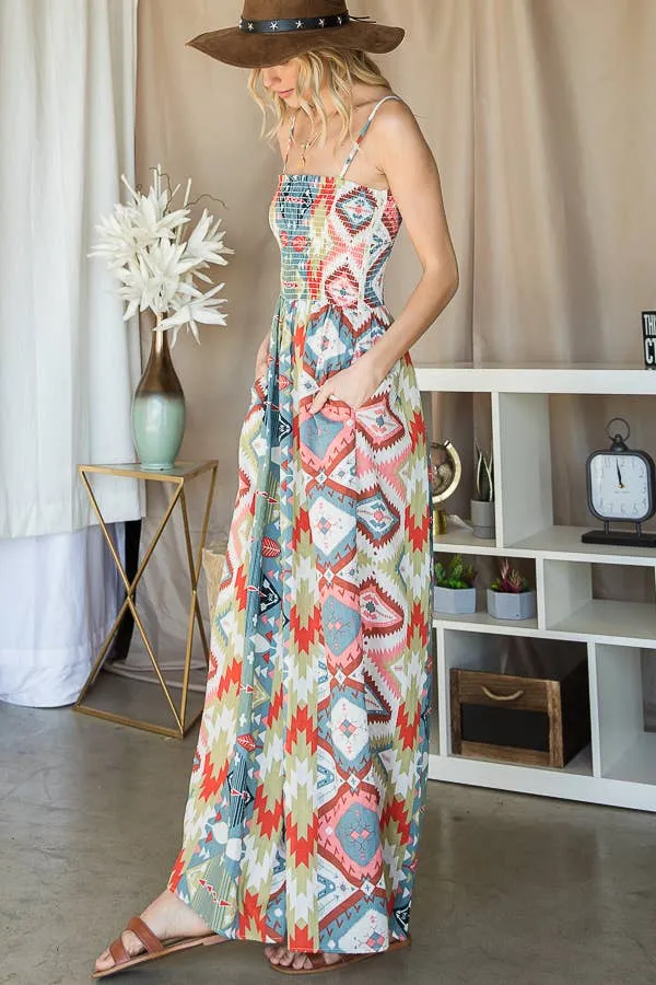 Bucketlist Smocked Aztec Print Jumpsuit