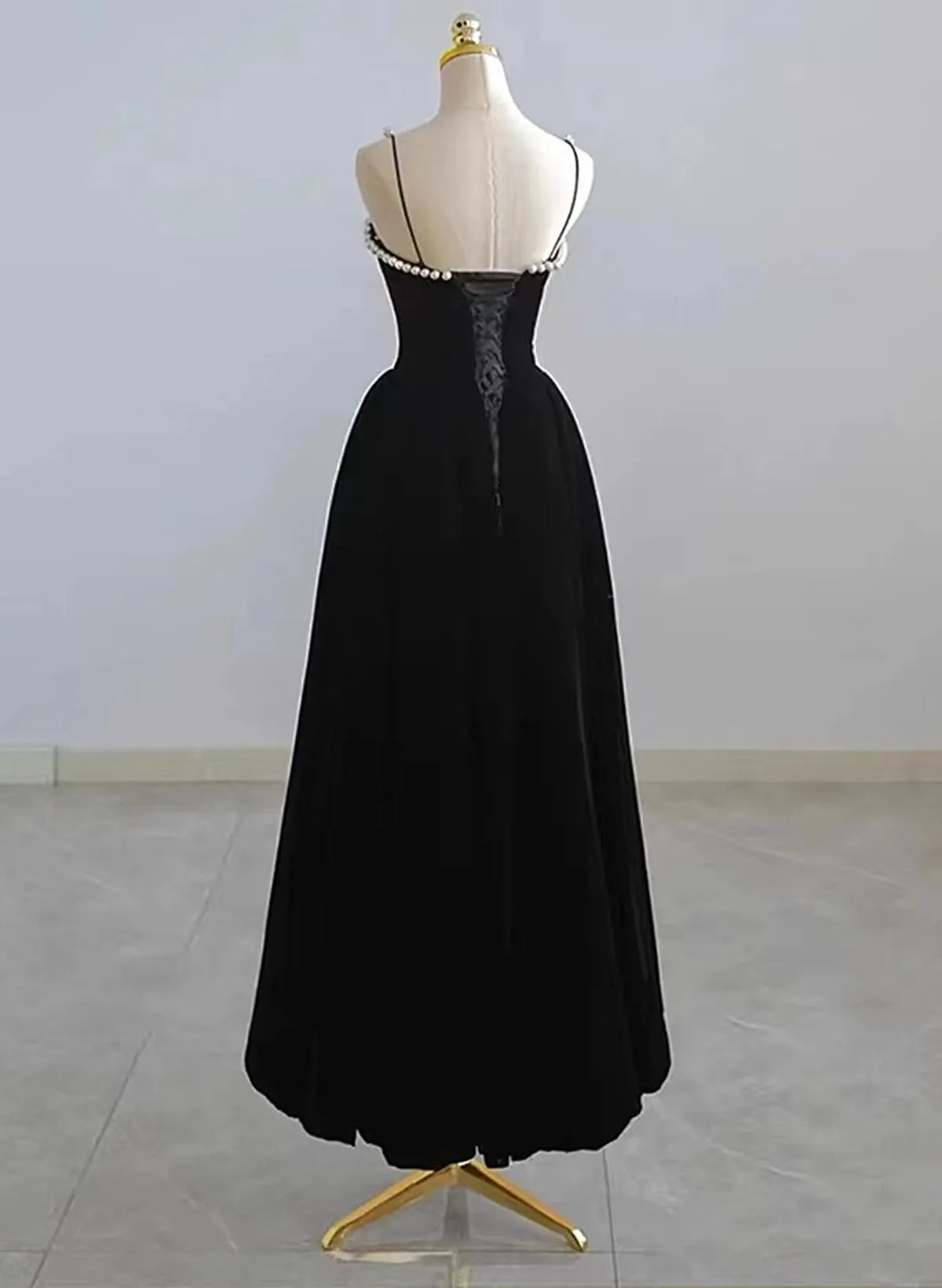 Cute Black Velvet Straps Tea Length Party Dress, Black Velvet Homecoming Dress