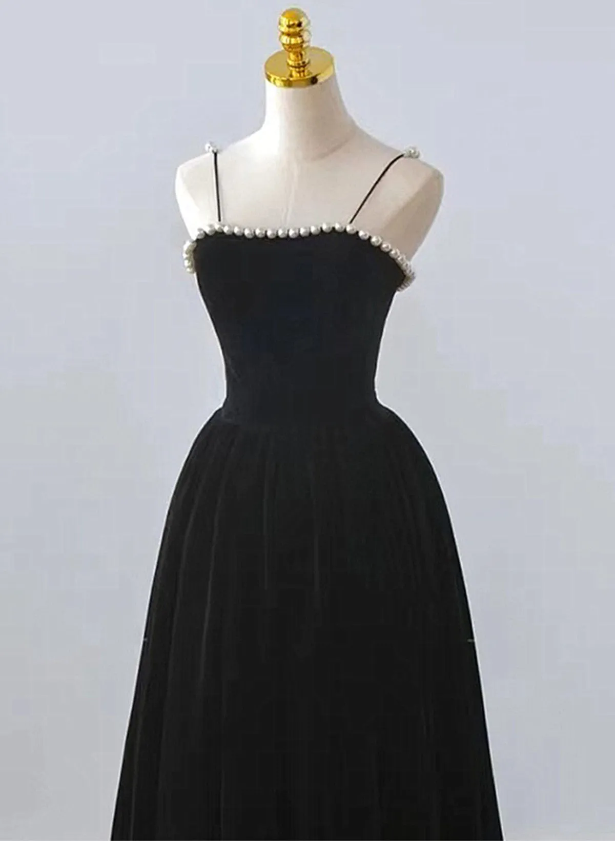 Cute Black Velvet Straps Tea Length Party Dress, Black Velvet Homecoming Dress