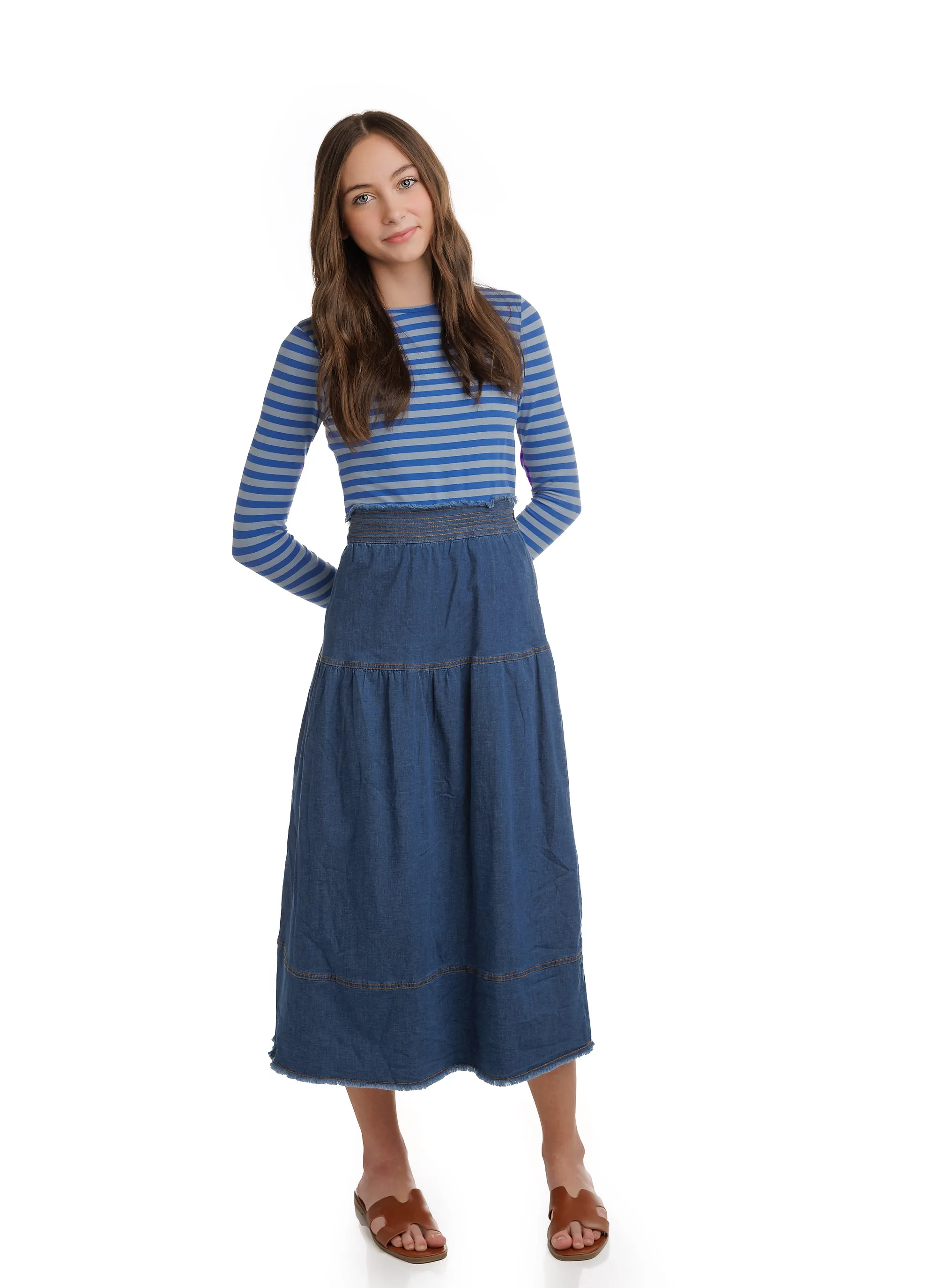 Dark Denim Midi Skirt With Brown Topstitching Details