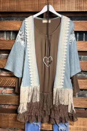 EMBROIDERED LACE FRINGE KIMONO IN BLUE-------sale