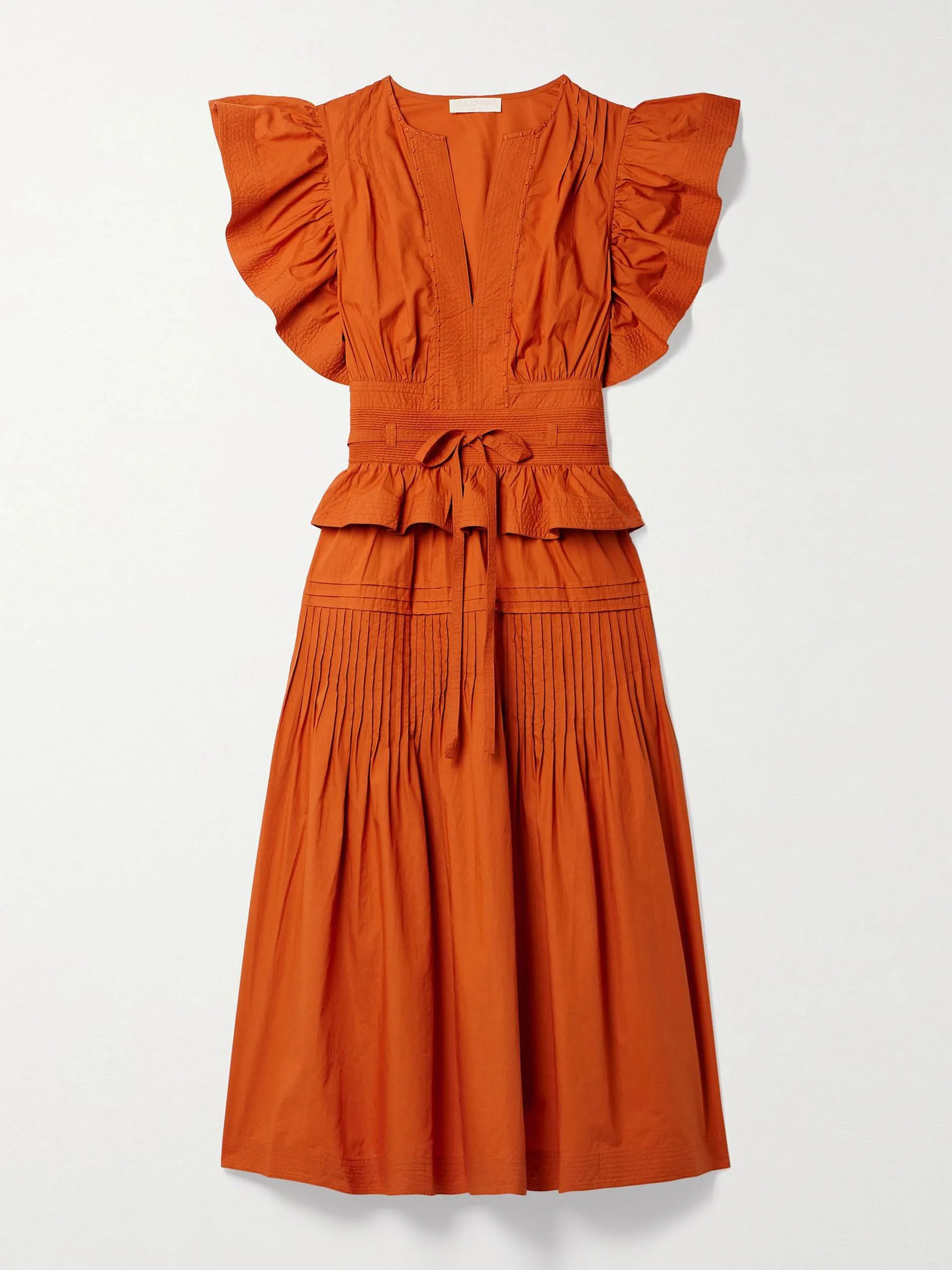 Florence belted ruffled pintucked cotton-poplin midi dress