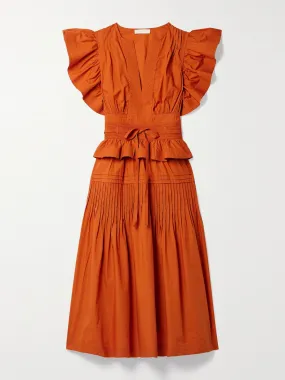 Florence belted ruffled pintucked cotton-poplin midi dress