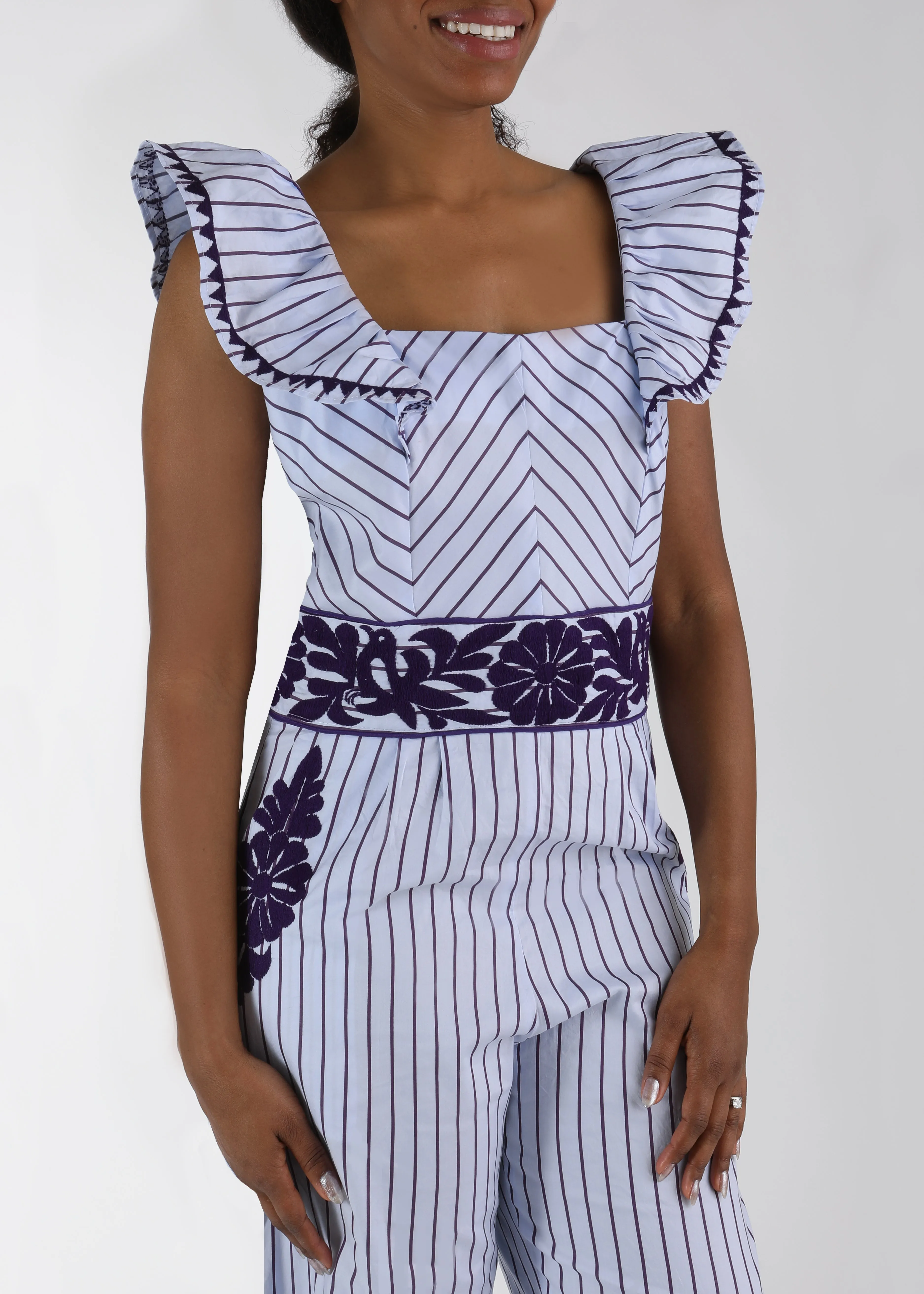 Gardenia Collection Embroidered Jumpsuit from Mexico- Light Blue, Purple