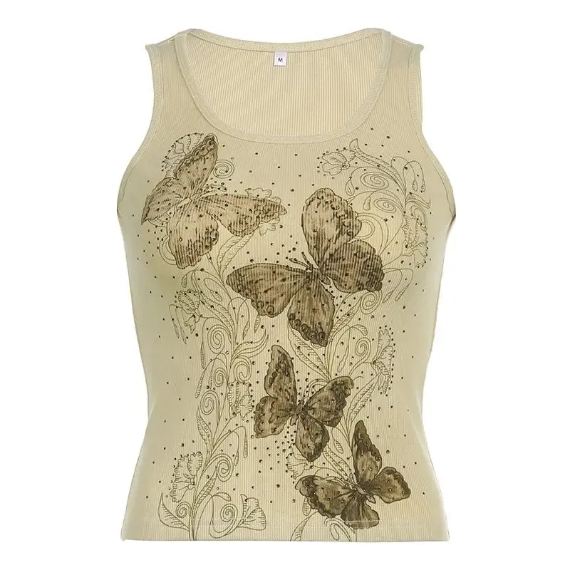 Girlary Y2K Butterfly Vest Lediamond Vintage Skin Knit mini vest for women O collar sleeveless cute Harajuku undershirt chic