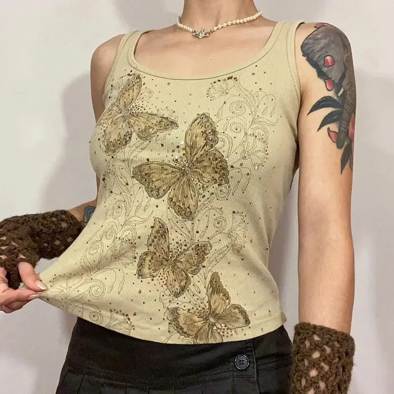 Girlary Y2K Butterfly Vest Lediamond Vintage Skin Knit mini vest for women O collar sleeveless cute Harajuku undershirt chic