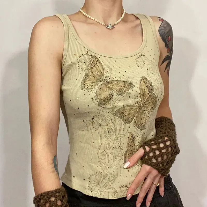 Girlary Y2K Butterfly Vest Lediamond Vintage Skin Knit mini vest for women O collar sleeveless cute Harajuku undershirt chic