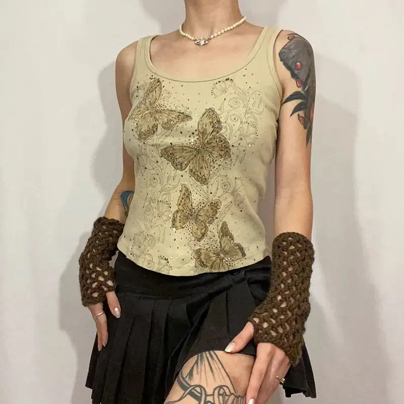 Girlary Y2K Butterfly Vest Lediamond Vintage Skin Knit mini vest for women O collar sleeveless cute Harajuku undershirt chic